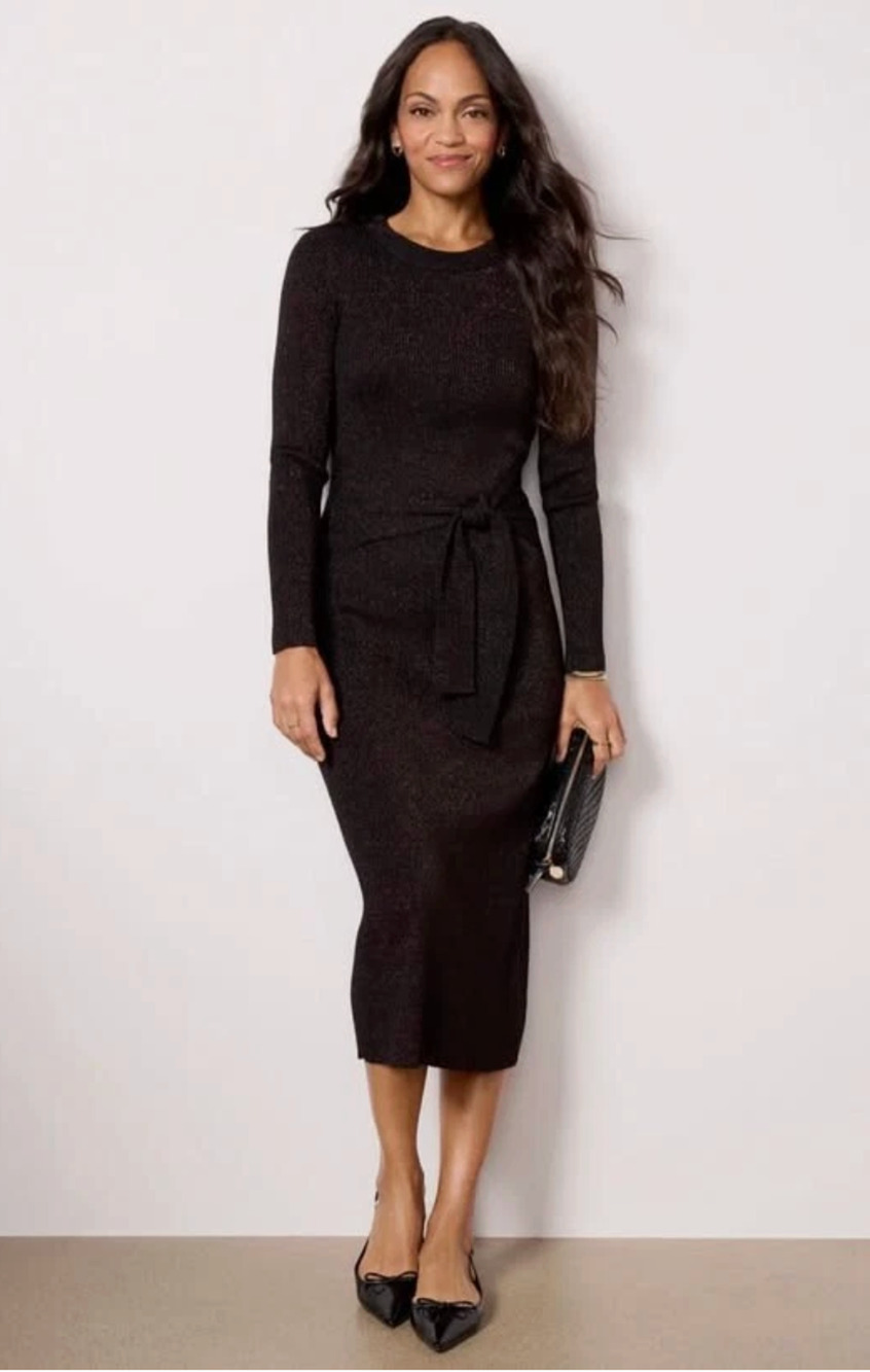 EVEREVE Alfie Black Long Sleeve Metallic Tie-Waist Sweater Midi Dress // XS